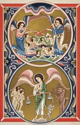 Kuolleiden ylösnousemus ja sielujen punnitseminen viimeisellä tuomiolla, Paul Lacroixin (1806-84) "Tiede ja kirjallisuus keskiajalla" -julkaisusta Lontoossa 1878 (väri li)